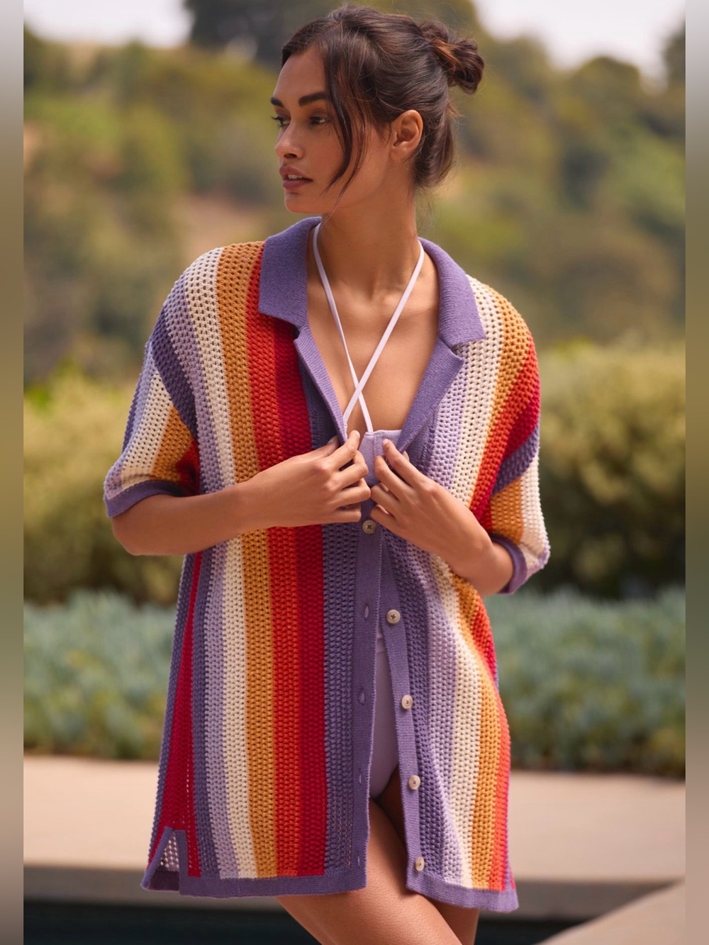 ✨ By Anthropologie Knit Surf Shirt Cover-Up Violet Button Front Size Small